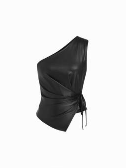 Cider - Faux Leather Women Ruched Asymmetrical Crop Top Black