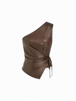 Cider - Faux Leather Women Ruched Asymmetrical Neck Crop Top Brown