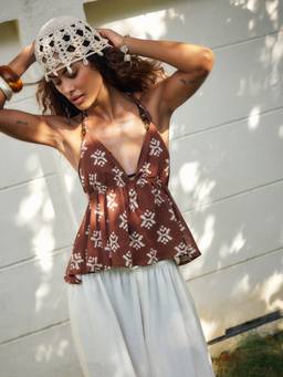 Cider - Aztec Graphic Women’s Halter Neck Peplum Cami Top Brown