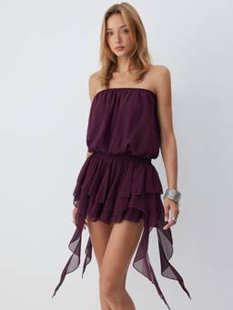 Cider - Chiffon Women's Strapless Asymmetrical Layered Mini Dress Berry