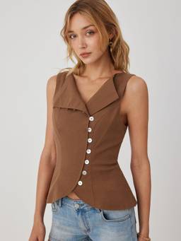 Cider - Linen Blend Women’s Sleeveless Boat Neck Asymmetrical Blouse Brown
