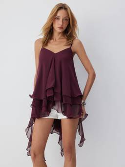 Cider - Chiffon Women's Ruffled V-Neck Oversized Crop Top Burgundy