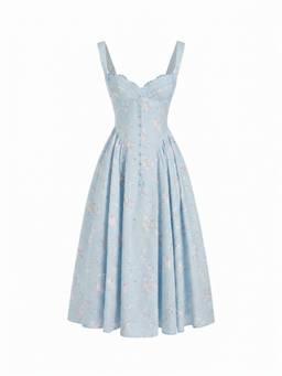 Cider - Cotton Blend Women Floral Sweetheart Ruched Flared Midi Dress Blue