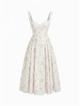 Cider - Cotton Blend Women Floral Sweetheart Ruched Flared Midi Dress Cream