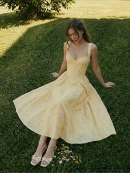 Cider - Cotton Blend Women Floral Sweetheart Ruched Flared Midi Dress Yellow