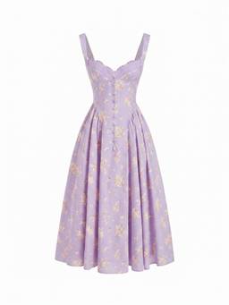 Cider - Cotton Blend Women's Floral Sweetheart Ruched Flared Midi Dress Purple