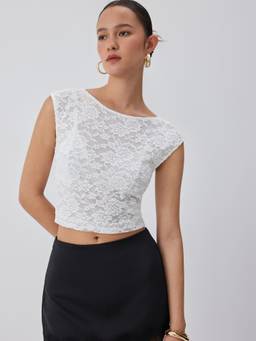 Cider - Textured Floral Women Sleeveless Boat Neck Crop Top White