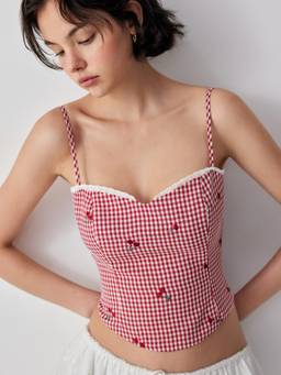 Cider - Gingham Women Cherry Embroidered Sweetheart Cami Top Red