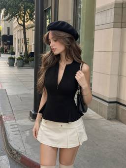 Cider - High Stretch Women Ruched Peplum Tank Top Black