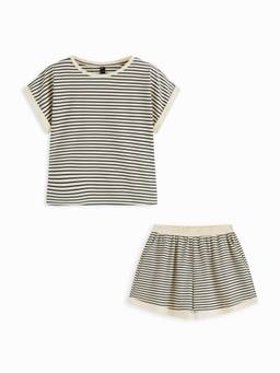Cider - Stripe Binding Women’s Regular Fit Tee & Shorts Co-ord Set Beige