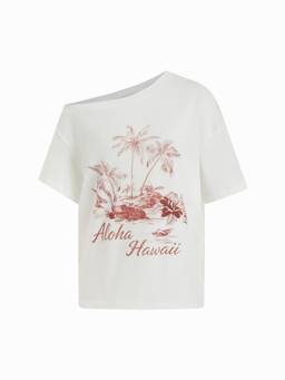 Cider - Nature Graphic Women's Oversized Asymmetrical Neck T-Shirt White