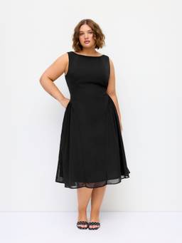 Cider - Chiffon Women's Square Neck Draped A-Line Midi Dress Black