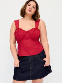 Cider - Linen-Blend Women Sweetheart Neck Ruffled Shirred Tank Top Red
