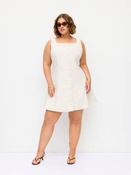 Cider - Linen-Blend Women's Braided Button Back Belt Square Neck Mini Dress Beige