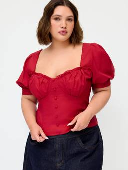 Cider - Linen Blend Women's Sweetheart Shirred Puff Sleeve Blouse Red