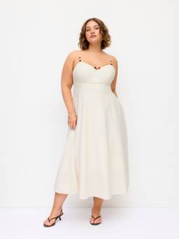 Cider - Linen Blend Women's Sweetheart Neck A-Line Maxi Dress Beige