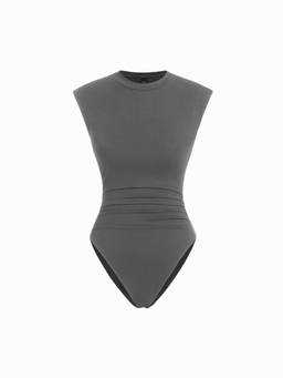 Cider - Ruched Women’s Sleeveless Round Neck Bodysuit Grey