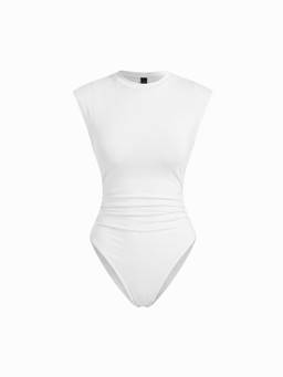 Cider - Ruched Women’s Sleeveless Round Neck Bodysuit White