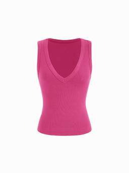 Cider - Cotton-Blend Women's Ribbed V-Neck High Stretch Tank Top Pink