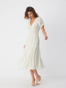 Cider - Lace Women's V-Neck Ruffle Sleeve Ruched Flared Maxi Dress White