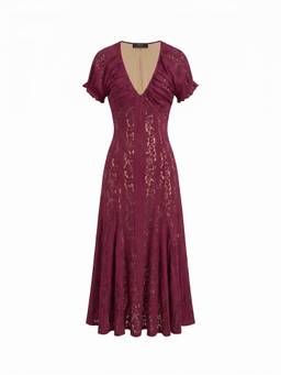 Cider - Lace Women's V-Neck Ruffle Sleeve Ruched Flared Maxi Dress Wine