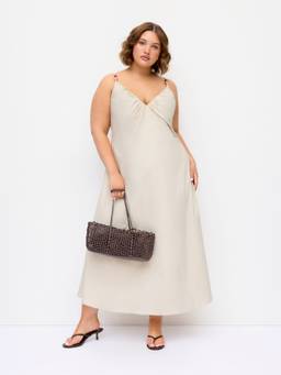 Cider - Linen Blend Women V-Neck Ruched A-Line Maxi Dress Beige