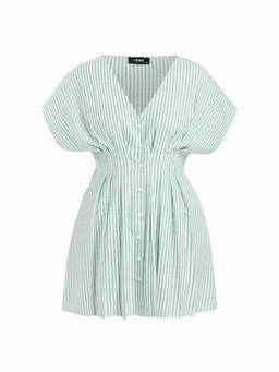 Cider - Cotton Blend Women's V-Neck Striped Pleated Mini Dress Green