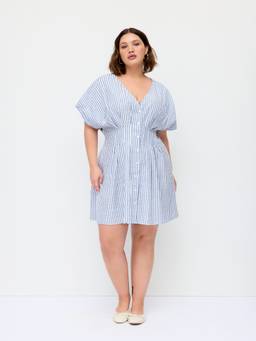 Cider - Cotton Blend Women V-Neck Striped Pleated Mini Dress Sky Blue