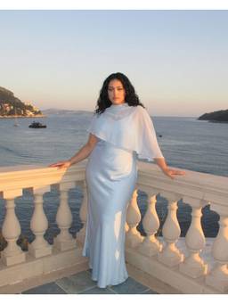Cider - Satin Women's High Neck Cape Sleeve Maxi Dress Blue
