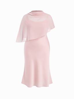 Cider - Satin Women's High Neck Cape Sleeve Maxi Dress Pink