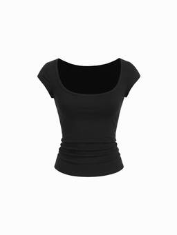 Cider - Ruched Women's Scoop Neck Cap Sleeve Top Black