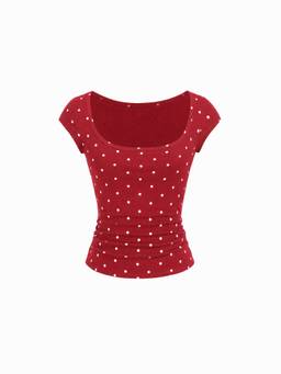 Cider - Women's Ruched Cap Sleeve Scoop Neck Top Red