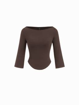 Cider - Knit Fabric Women’s Boat Neck Curved Hem Top Brown