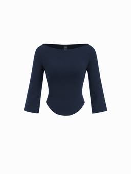 Cider - Knit Fabric Women Curved Hem Boat Neck Tee Navy Blue