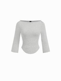 Cider - Knit Fabric Women’s Boat Neck Curved Hem Top Grey