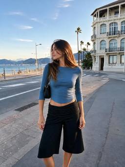 Cider - Knit Fabric Women Curved-Hem Boat Neck Top Blue