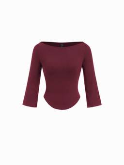 Cider - Knit Fabric Women Boat Neck Curved Hem Tee Wine