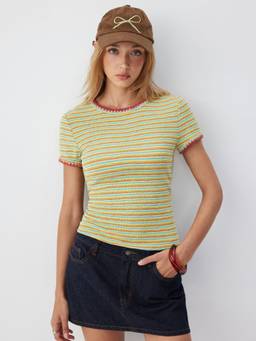 Cider - Textured Striped Colorblock Scallop Trim Top Yellow