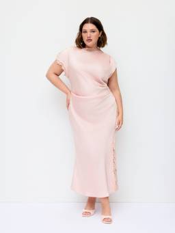 Cider - Lace Trim Women's Satin Split Mermaid Maxi Dress Pink
