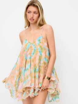Cider - Abstract Graphic Women V-Neck Ruffled A-Line Mini Dress Orange