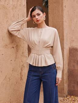 Cider - Pleated Women's Lantern Sleeve Peplum Blouse Beige