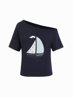 Cider - Sailing Graphic Women's Embroidered Off Shoulder Oversized T-Shirt Navy Blue