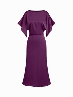 Cider - Satin Women's Boat Neck Batwing Sleeve Lace Trim Maxi Dress Purple