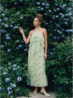 Cider - Chiffon Women's Halter Neck Ruffle Maxi Dress Green