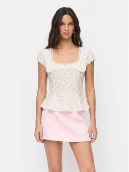 Cider - Cotton Blend Women Floral Square Neck Peplum Blouse Pink