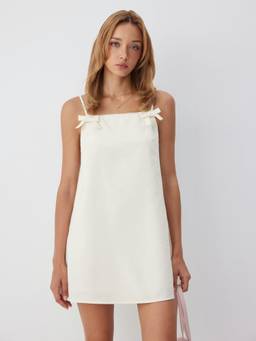 Cider - Linen Blend Women Bow Strap Square Neck Mini Dress Cream