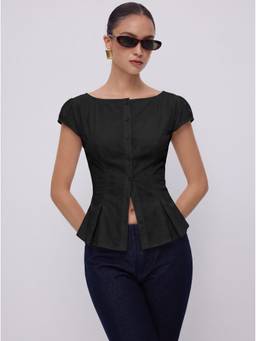 Cider - Textured Women's Boat Neck Puff Sleeve Peplum Blouse Black