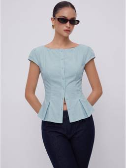 Cider - Textured Women's Boat Neck Puff Sleeve Peplum Blouse Blue