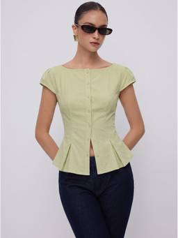 Cider - Textured Women's Boat Neck Puff Sleeve Peplum Blouse Pale Green