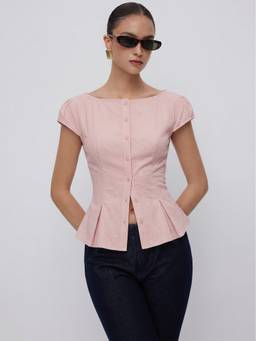 Cider - Textured Women's Boat Neck Puff Sleeve Peplum Blouse Pink